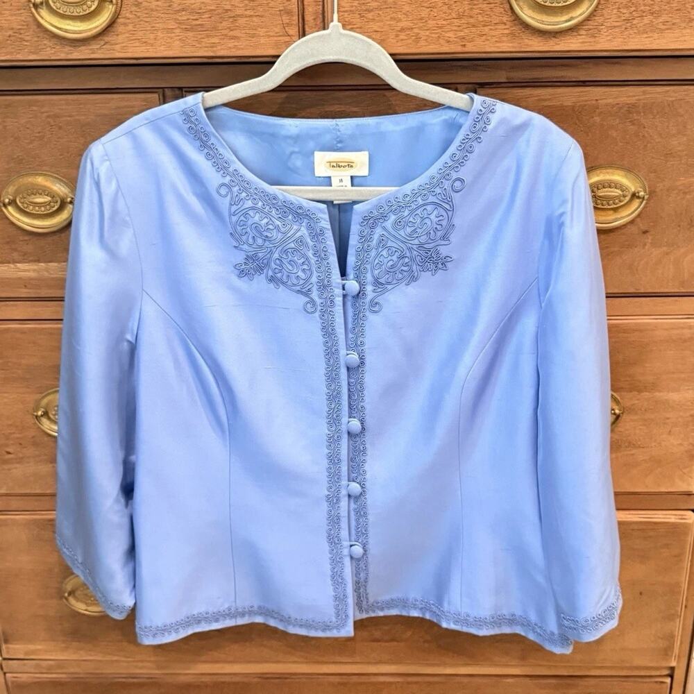 Talbots Silk Jacket Womens 16 Blue Cropped 3/4 Sleeve Embroidered 100% SILK Flaw